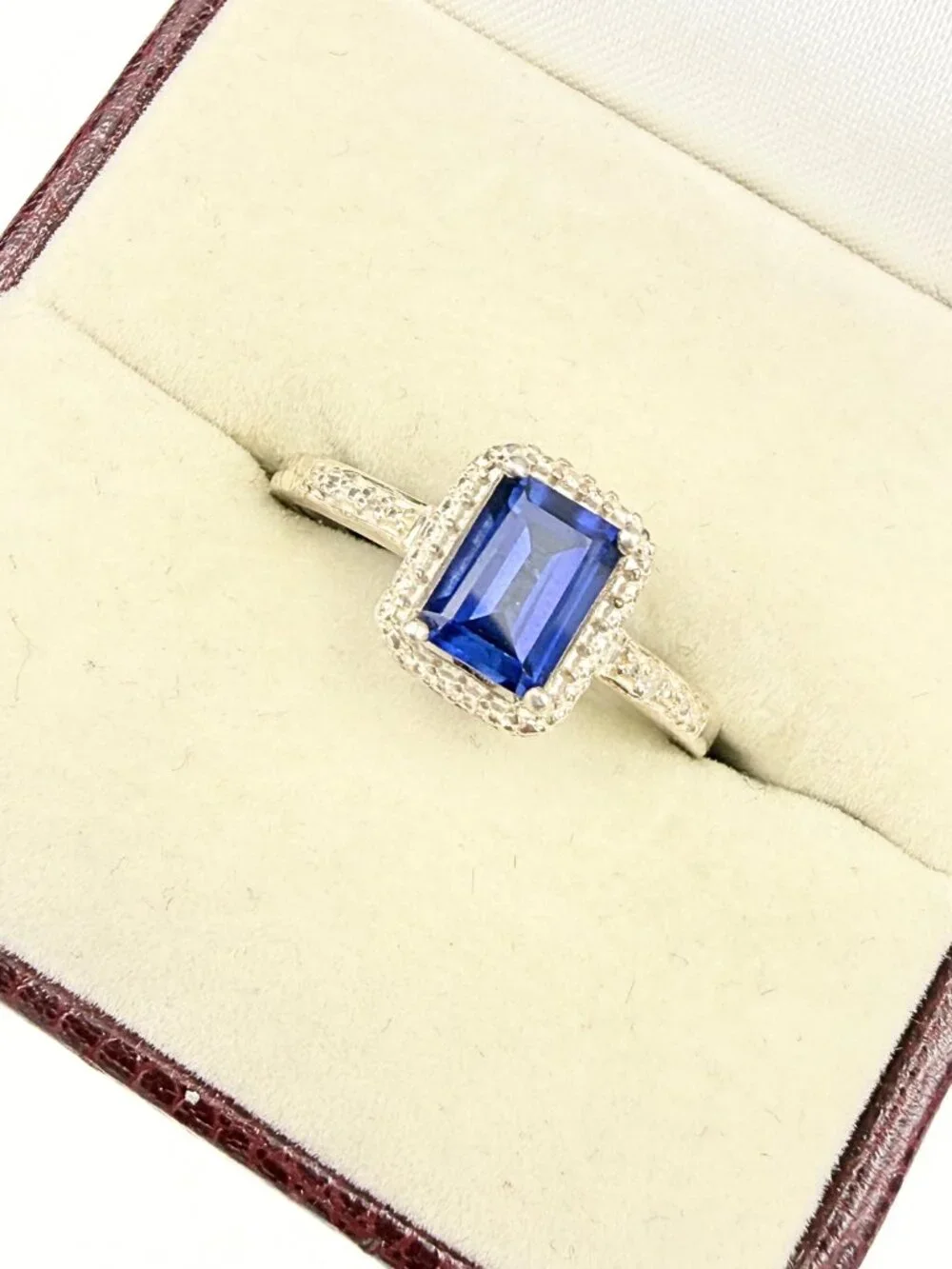 Amazing Art Deco Style Emerald Cut Lab Sapphire Sterling Silver Halo Ring Sz 9